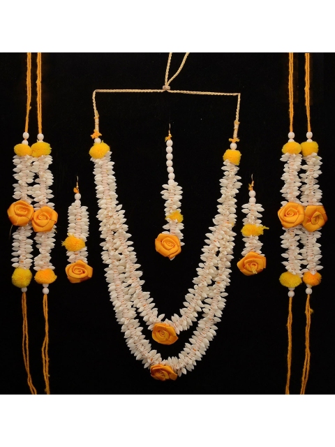 

Sanjog Women Yellow & White Floral Design Fabric Haldi Jewellery Set