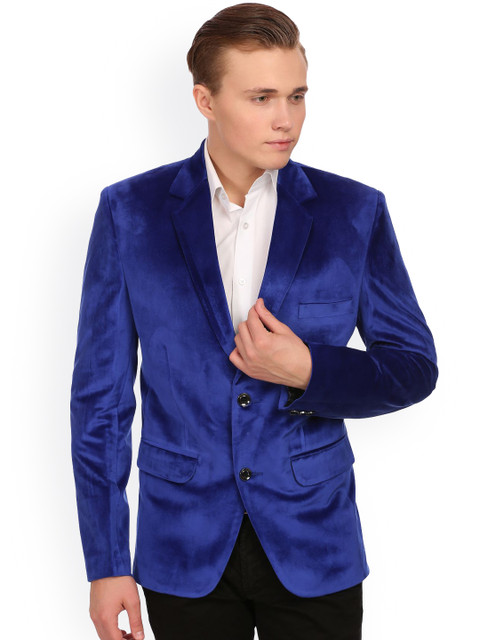 

Wintage Men Blue Single-Breasted Velvet Tailored Fit Party Blazer