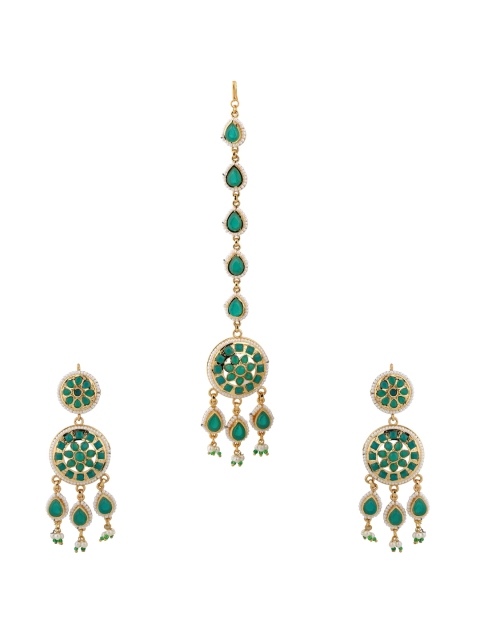 

Sanjog Gold-Plated Green Stone & Pearl Studded Kundan Maang Tikka & Earrings Set