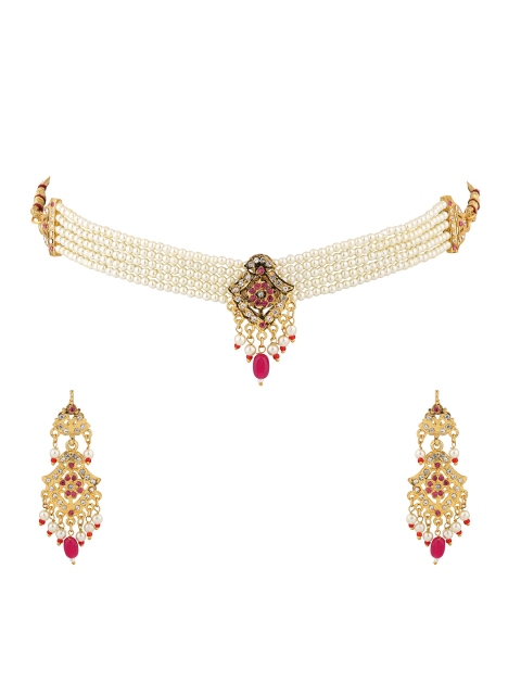 

Sanjog Gold-Plated White & Red Stone Studded & Beaded Jewellery Set