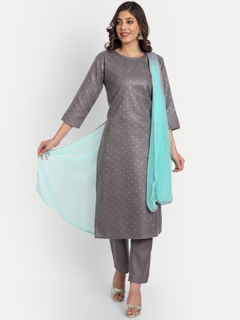 

GUNVANTI FAB Women Grey Printed Kurta with Trousers & With Dupatta