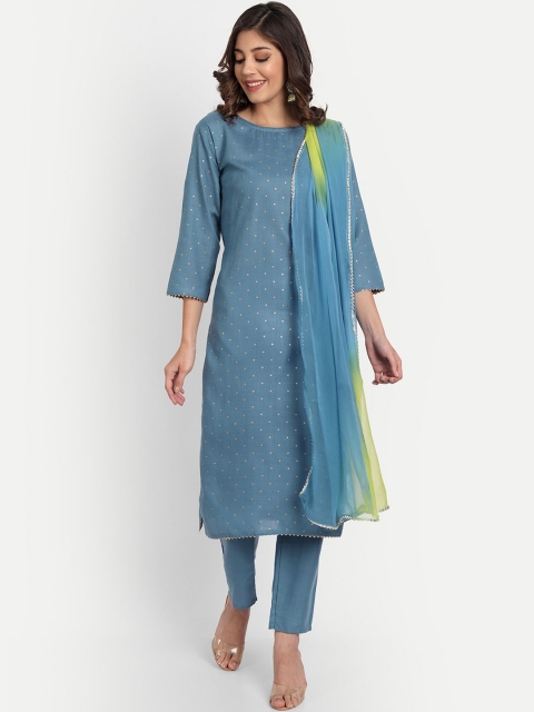 

GUNVANTI FAB Women Teal Printed Gotta Patti Kurti with Trousers & With Dupatta