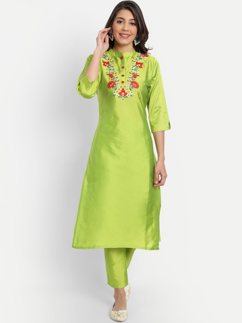 

GUNVANTI FAB Women Lime Green Embroidered Art Silk Kurta with Trousers