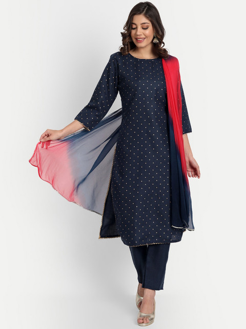 

GUNVANTI FAB Women Navy Blue Printed Kurta with Trousers & Dupatta