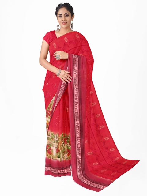 

Florence Peach-Coloured & Beige Floral Pure Georgette Dharmavaram Saree