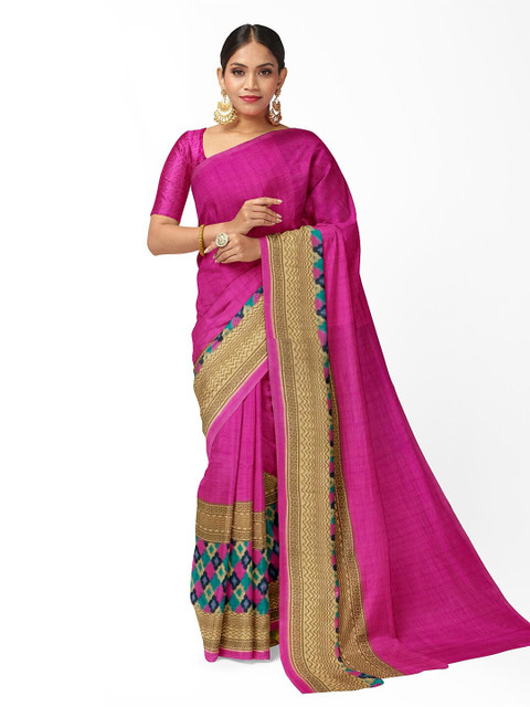 

KALINI Pink & Beige Printed Ethnic Motifs Pure Georgette Fusion Dharmavaram Saree