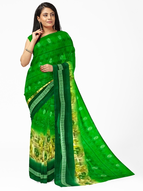 

Florence Green & Beige Printed Floral Pure Georgette Fusion Dharmavaram Saree