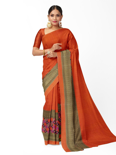 

SAADHVI Orange & Beige Ethnic Motifs Pure Georgette Fusion Dharmavaram Saree