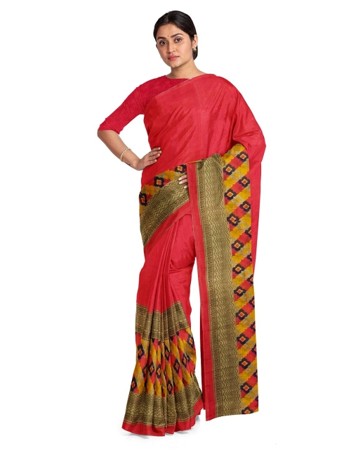 

SAADHVI Peach-Coloured & Beige Ethnic Motifs Pure Georgette Dharmavaram Saree