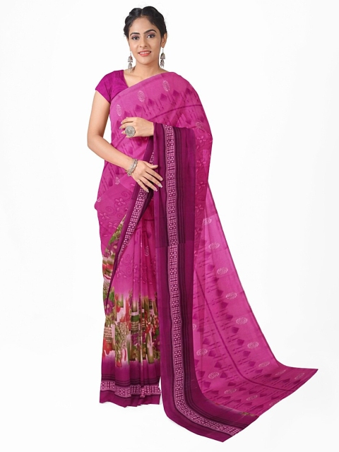

SAADHVI Pink & Green Floral Pure Georgette Dharmavaram Saree