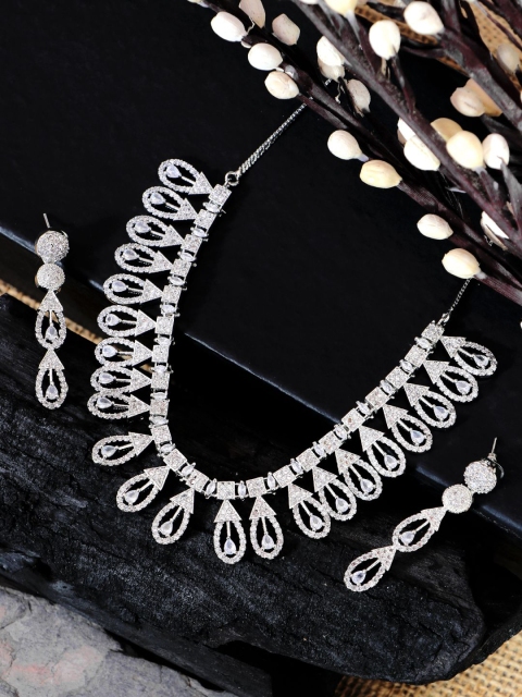 

SwaDev Silver-Plated & White American Diamond Studded Jewellery Set