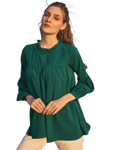 

NEOFAA Women Green Ruffles Crepe Top