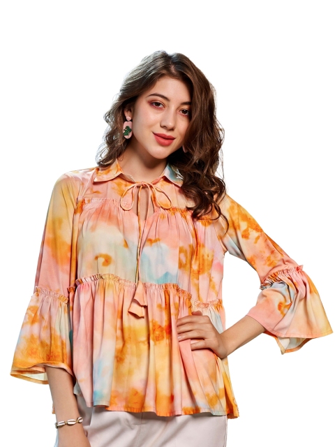

NEOFAA Orange Tie and Dye Tie-Up Neck Georgette Top
