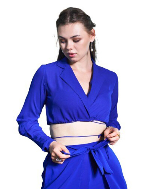 

NEOFAA Women Blue Solid Crepe Wrap Top