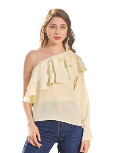 

NEOFAA Women Cream-Coloured One Shoulder Georgette Top