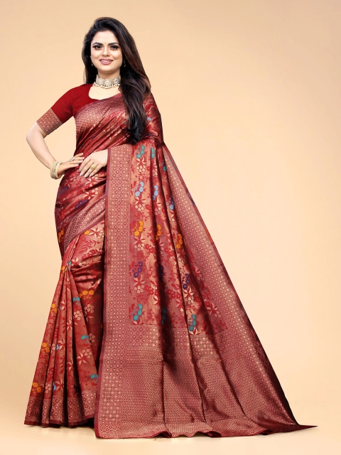 

CARTYSHOP Maroon & Blue Floral Zari Kanjeevaram Saree