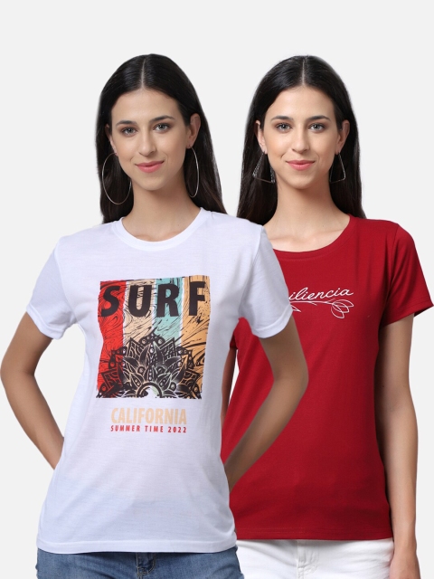 

UnaOne Women White & Maroon Pack Of 2 Pure Cotton Printed T-shirt