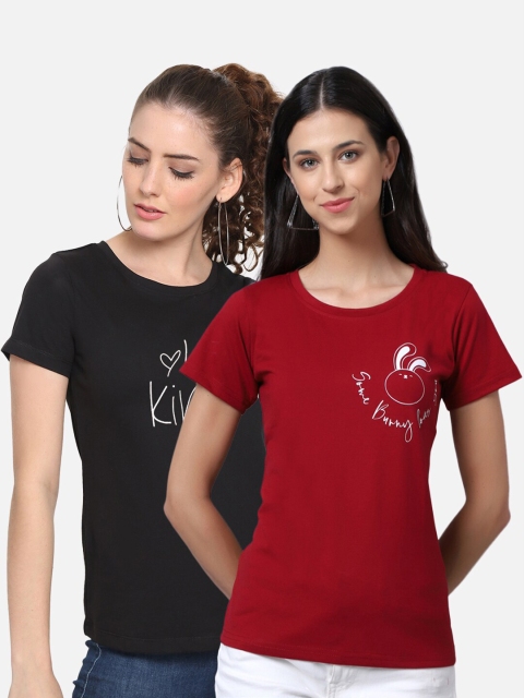 

UnaOne Pack Of 2 Women Black & Maroon Typography Cotton T-shirt