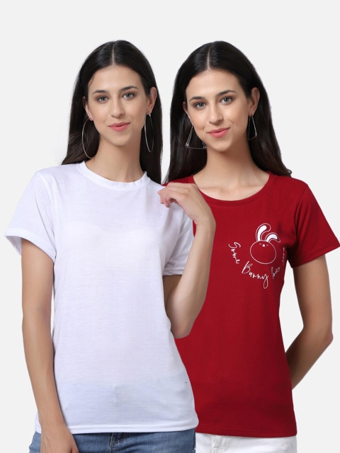 

UnaOne Women Pack Of 2 White & Maroon Printed Pure Cotton T-shirt