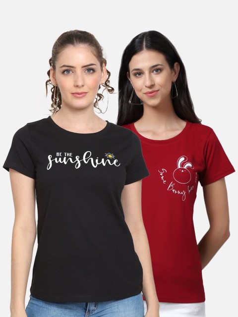 

UnaOne Pack Of 2 Women Black & Maroon Typography Printed T-shirt
