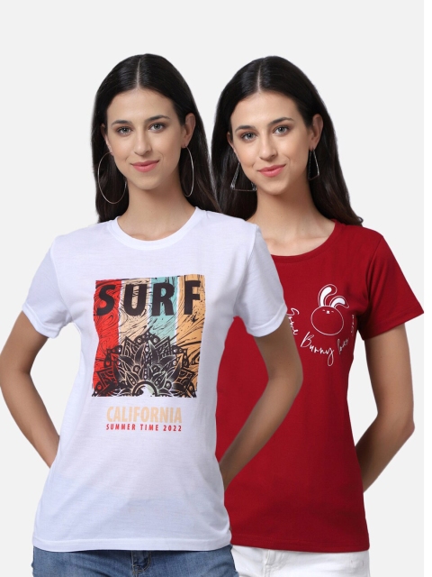 

UnaOne Women Pack of 2 White & Maroon Printed T-shirt