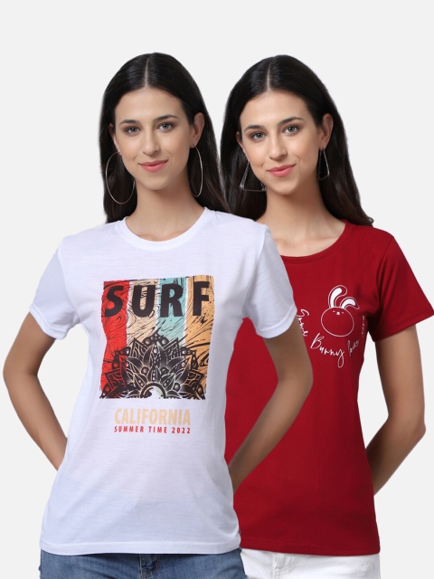 

UnaOne Women Pack of 2 White & Maroon Printed T-shirt