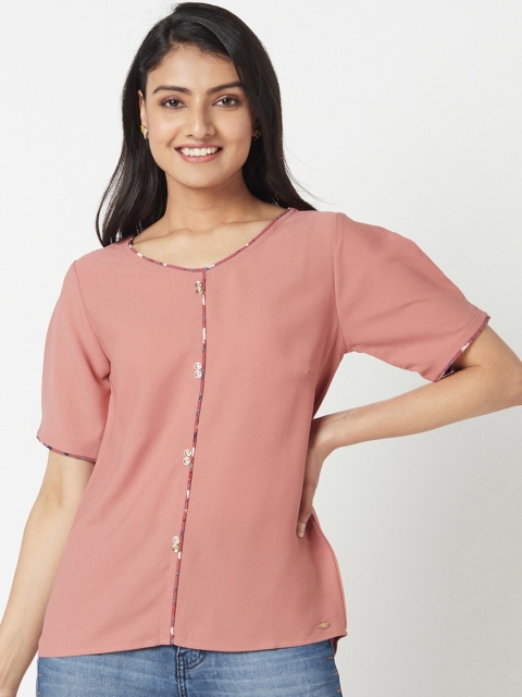 

Miss Grace Women Pink Solid Cotton Blend Round Neck Top