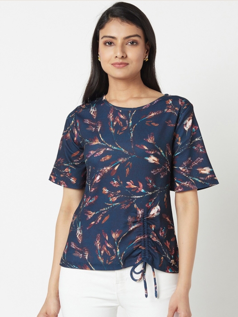 

Miss Grace Women Navy Blue Tropical Printed Polyester Top