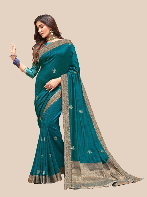

UNITED LIBERTY Teal & Gold-Toned Floral Embroidered Art Silk Saree
