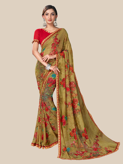 

UNITED LIBERTY Olive Green & Red Floral Zari Pure Georgette Saree