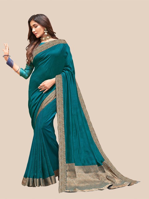 

UNITED LIBERTY Teal & Gold-Toned Art Silk Block Print Saree