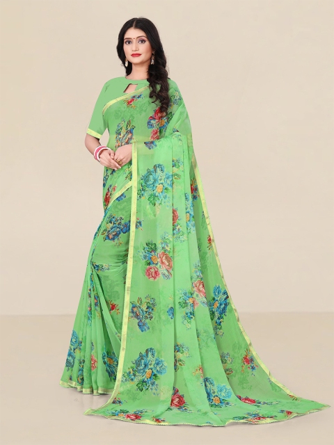

UNITED LIBERTY Sea Green & Blue Floral Printed Pure Georgette Saree