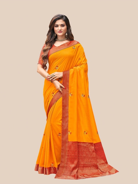 

UNITED LIBERTY Orange & Red Zari Art Silk Block Printed Saree