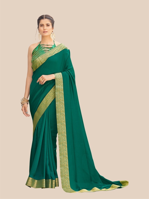 

UNITED LIBERTY Green & Gold-Toned Zari Pure Chiffon Block Print Saree