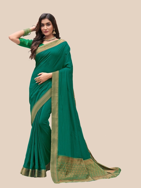 

UNITED LIBERTY Green & Gold-Toned Zari Art Silk Block Print Saree
