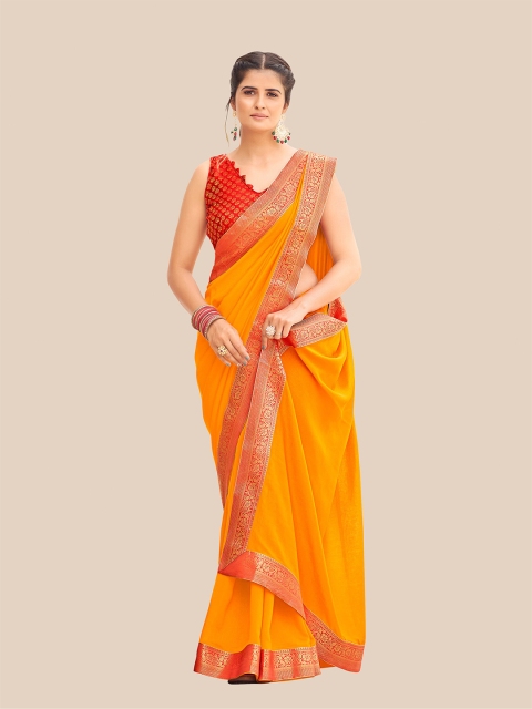 

UNITED LIBERTY Orange & Gold-Toned Zari Pure Chiffon Block Print Saree