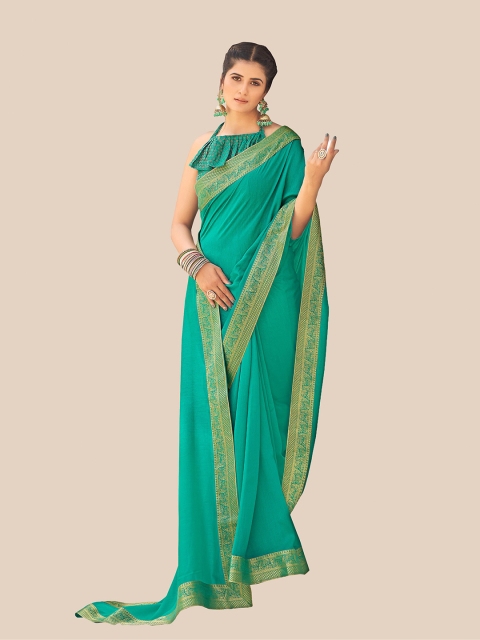 

UNITED LIBERTY Turquoise Blue & Gold-Toned Zari Pure Chiffon Saree