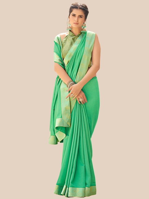 

UNITED LIBERTY Green & Gold-Toned Zari Pure Chiffon Block Print Saree