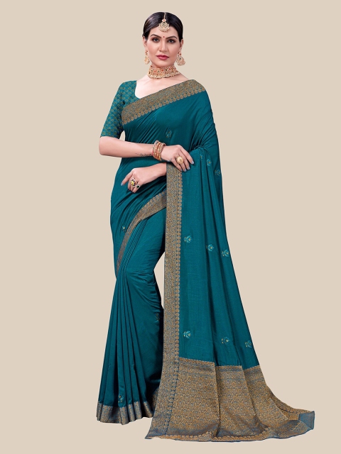 

UNITED LIBERTY Teal & Gold-Toned Floral Embroidered Art Silk Block Print Saree