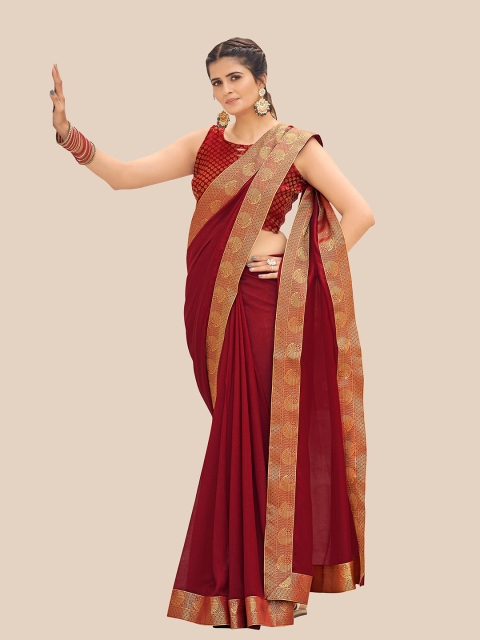 

UNITED LIBERTY Brown & Gold-Toned Zari Pure Chiffon Block Print Saree