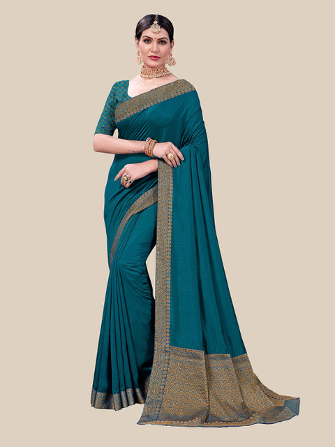 

UNITED LIBERTY Teal Green & Gold-Toned Ethnic Motifs Art Silk Block Print Saree