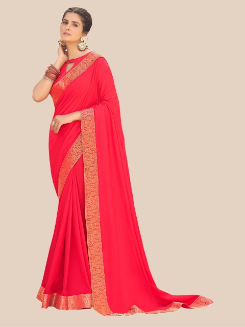 

UNITED LIBERTY Red & Gold-Toned Zari Pure Chiffon Block Print Saree