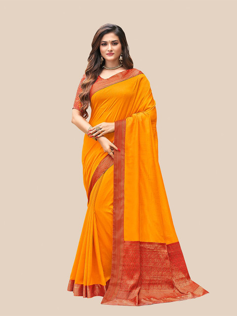 

UNITED LIBERTY Orange & Red Zari Art Silk Block Print Saree