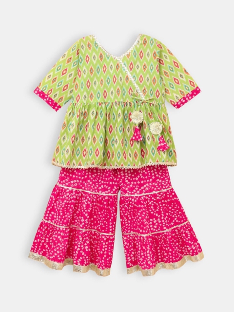 

Hopscotch Girls Green Ethnic Motifs Printed Angrakha Gotta Patti Pure Cotton Kurti with Sharara