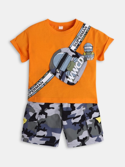 

Hopscotch Boys Orange & Grey Printed T-shirt with Shorts
