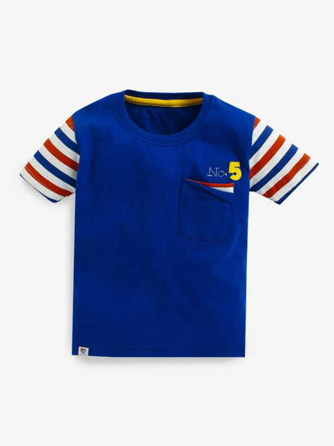 

Hopscotch Boys Blue Colourblocked Mandarin Collar Applique T-shirt