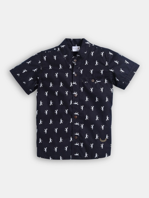 

Hopscotch Boys Navy Blue Printed Pure Cotton Casual Shirt