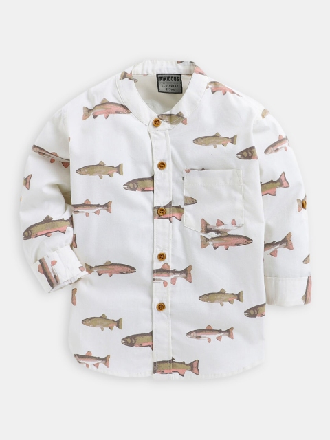 

Hopscotch Boys Off White Printed Mandarin Collar Casual Shirt