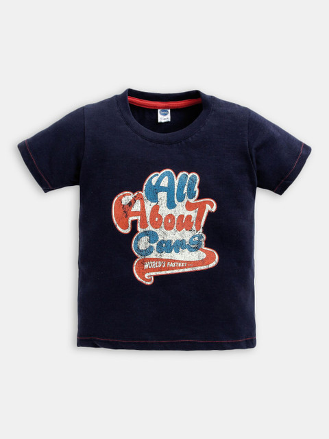 

Hopscotch Boys Navy Blue Typography Printed Tropical Applique T-shirt