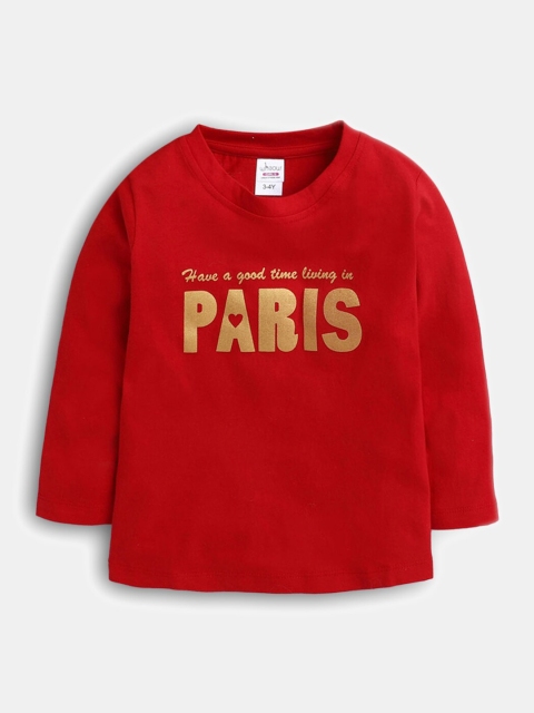 

Hopscotch Girls Red Typography Printed Cotton T-shirt